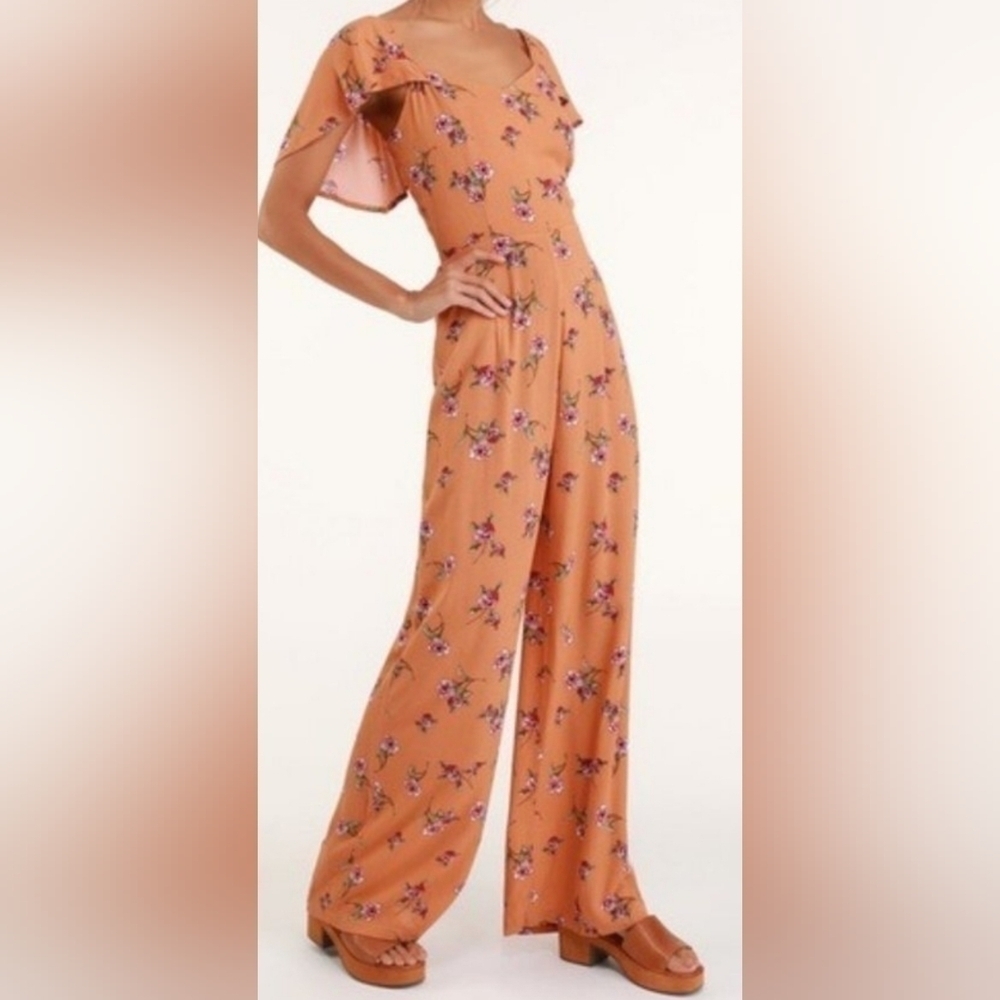 NWOT Lulus Sunlit Veranda Terra Cotta Floral Print Wide-Leg Jumpsuit - size XS